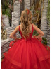 Red Lace Tulle Ruffle Floor Length Flower Girl Dress